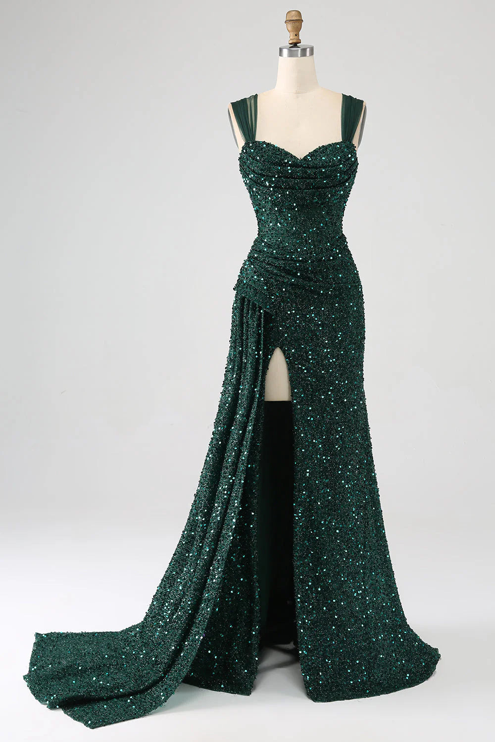 Wholesale Sparkly Dark Green Long Prom Dress Sheath Sequin Pleated With Thigh Split