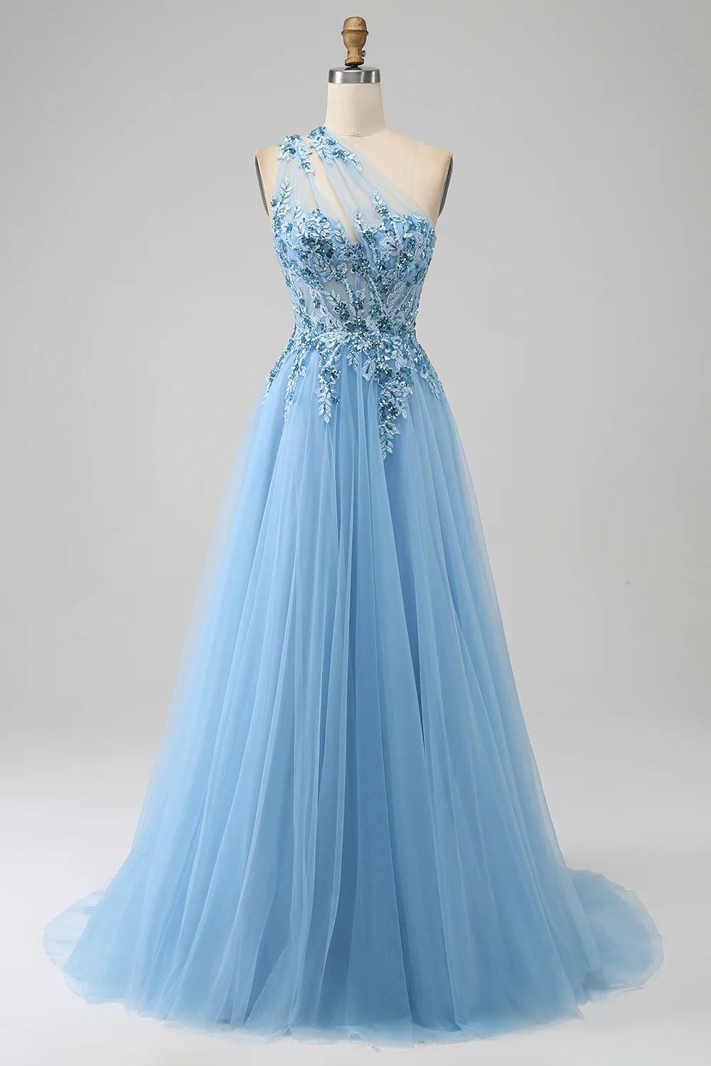 Wholesale Light Blue A-Line Evening Dress One Shoulder Sequin Prom Dress with Appliques