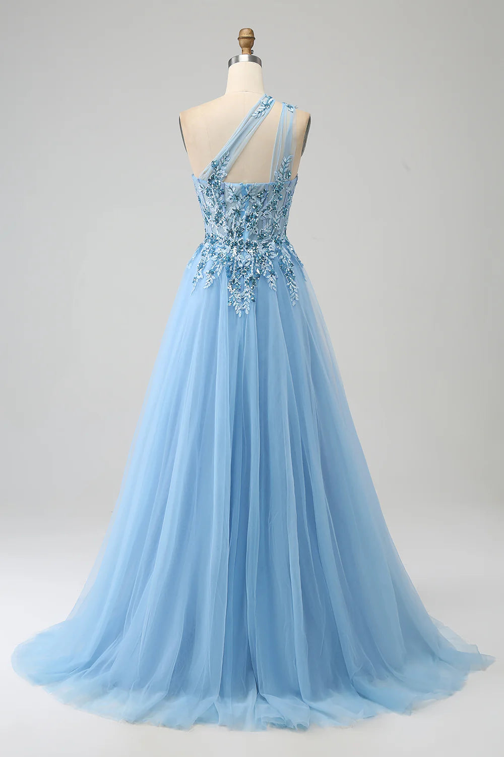 Wholesale Light Blue A-Line Evening Dress One Shoulder Sequin Prom Dress with Appliques