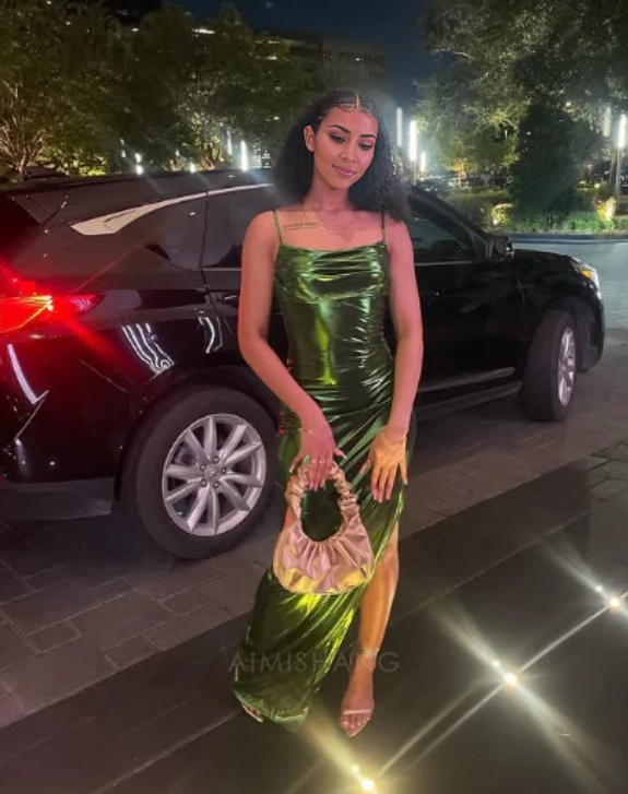 Aimishang Elegant Gowns Evening Dress Green Sheath Long Prom Dress With Slit Black Girl Party Dress