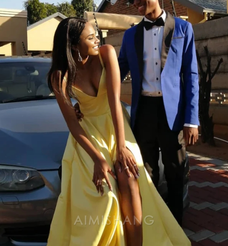 Aimishang Elegant A Line Yellow Satin Long Prom Dress Graduation Dress With Slit Simple Evening Party Dress