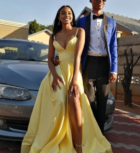 Aimishang Elegant A Line Yellow Satin Long Prom Dress Graduation Dress With Slit Simple Evening Party Dress