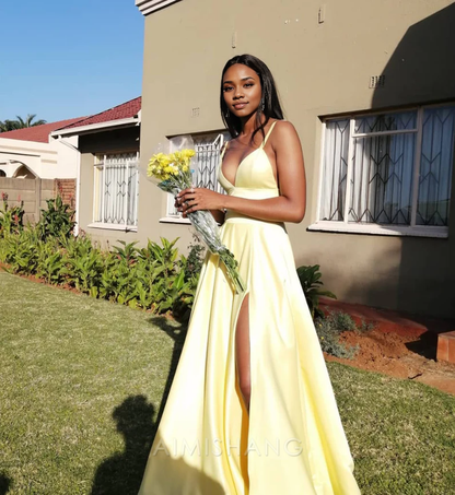 Aimishang Elegant A Line Yellow Satin Long Prom Dress Graduation Dress With Slit Simple Evening Party Dress
