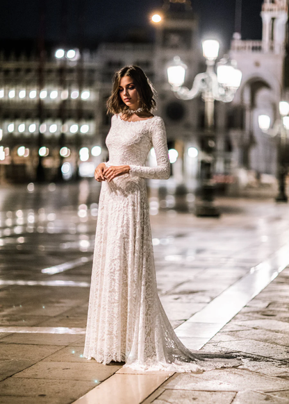 Aimishang Elegant Long Sleeves Wedding Dresses with Sweep Train Charming Bridal Gown