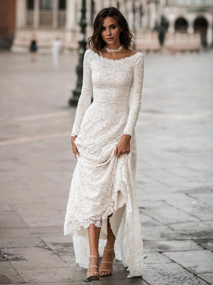 Aimishang Elegant Long Sleeves Wedding Dresses with Sweep Train Charming Bridal Gown