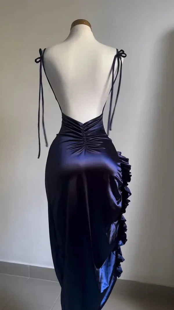 Aimishang Elegant Sheath Spaghetti Straps Backless Satin Prom Dress Formal Dress Evening Gown Simple Party Dress