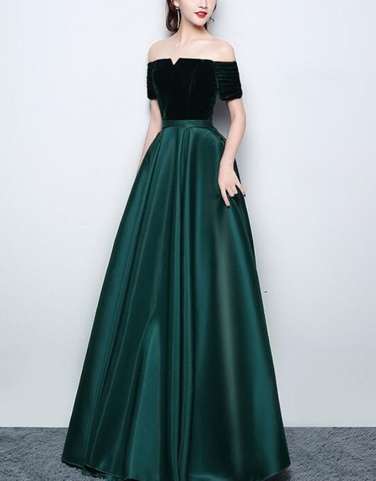 Beautiful Satin and Velvet Long Party Dress Simple Off Shoulder Prom Dress Elegant Evening Dress