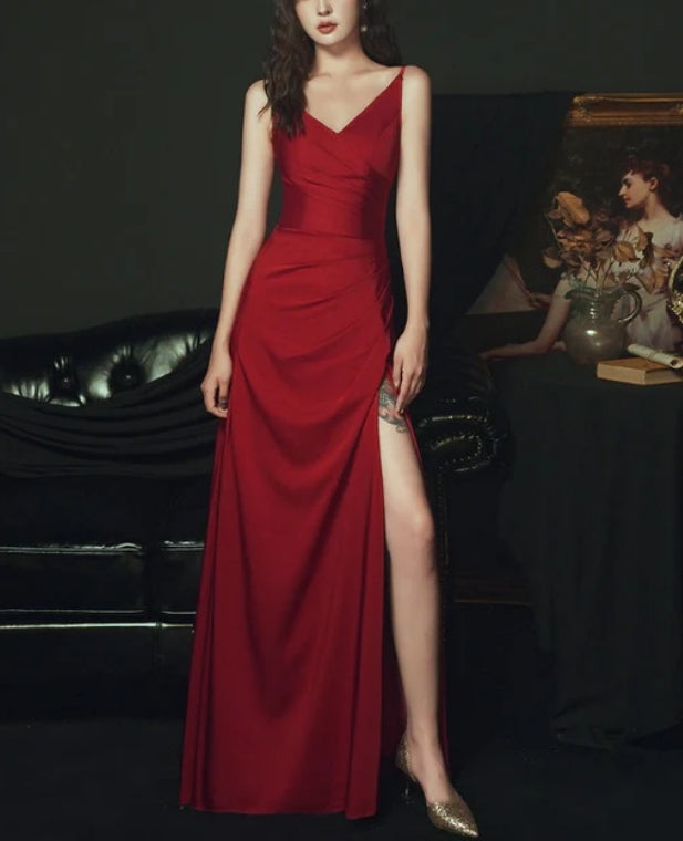 Sexy Wine Red Satin Straps Long Party Dress Charming Dark Red Formal Dresses Evening Dress With Slit