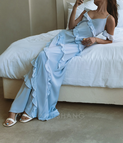 Aimishang Romance Ruffle Dress Light Blue Long Prom Dress Elegant Evening Party Dress Formal Dress