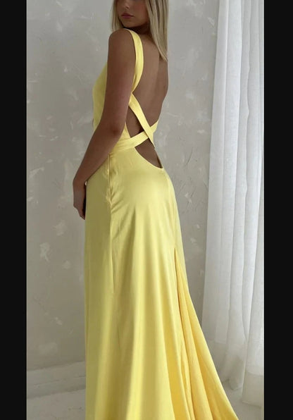 Aimishang Simple Straps Yellow V-neck Backless Long Prom Dress Charming Evening Party Dress Formal Dress