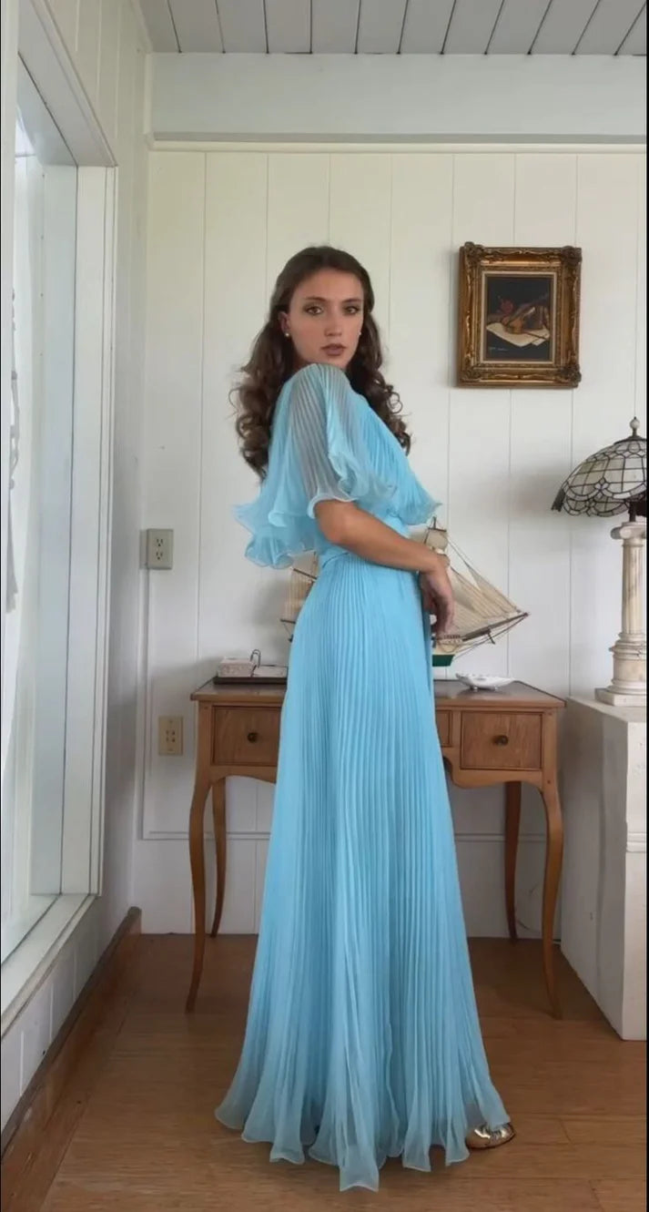Aimishang A Line Blue Long Prom Dress Pleated Charming Evening Party Dress Wedding Guest Dress
