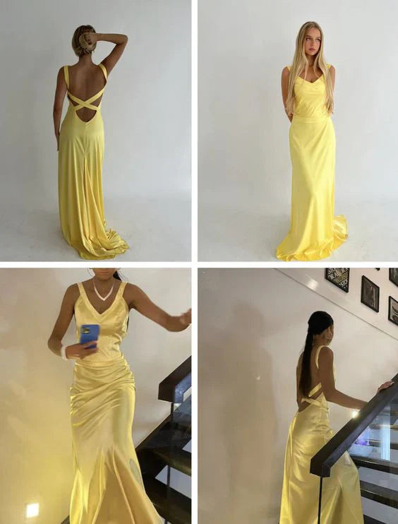 Aimishang Simple Straps Yellow V-neck Backless Long Prom Dress Charming Evening Party Dress Formal Dress