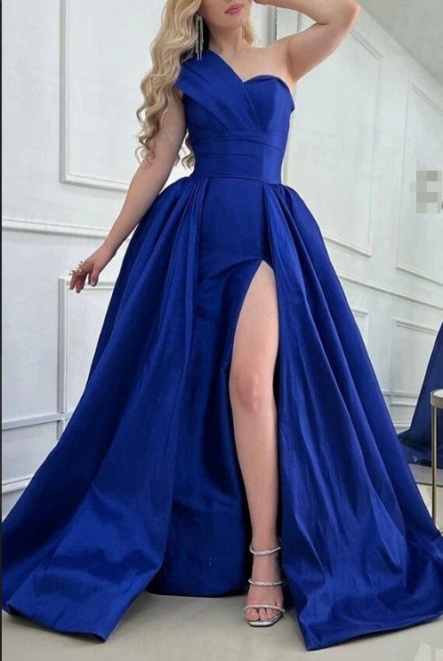 Royal Blue Prom Dress A-Line One Shoulder Floor Length Evening Dress Elegant With Slit