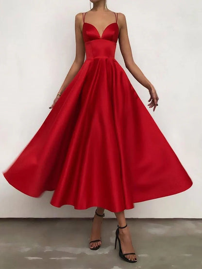 Simple Spaghetti Straps Satin A-line Prom Dresses Evening Gowns Sexy Party Dress Formal Dress Wholesale