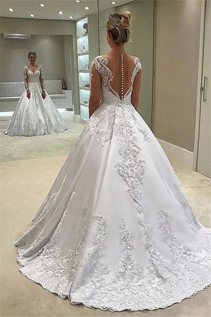 Romantic Satin V-neck Neckline A-line Wedding Dresses With Appliques Elegant Wholesale