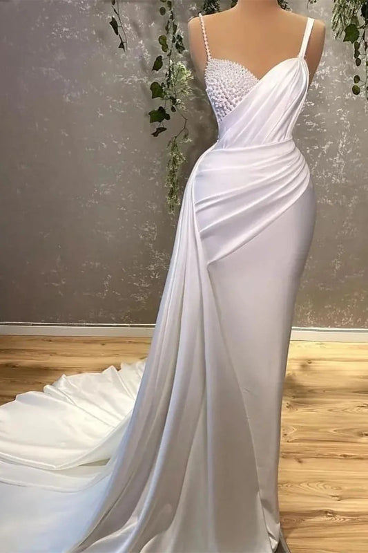 Spaghetti Strap Long Mermaid Evening Dress With Pearls Charming Wedding Dress