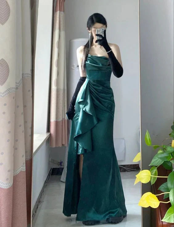 Aimishang Elegant Formal Women's Dresses Green Long Satin Prom Dresses Evening Birthday Outfits No With Gloves