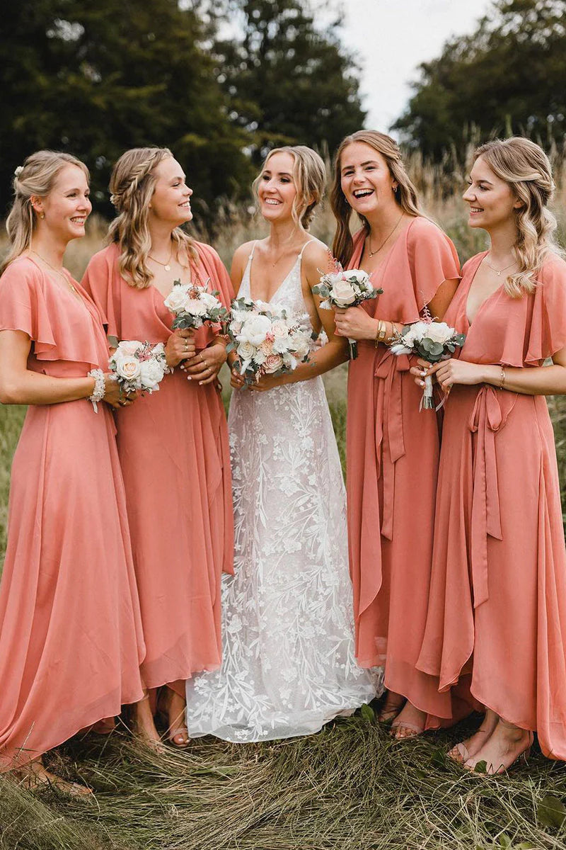 Wholesale Simple A-Line Coral Chiffon Long Bridesmaid Dresses Elegant Evening Party Dress