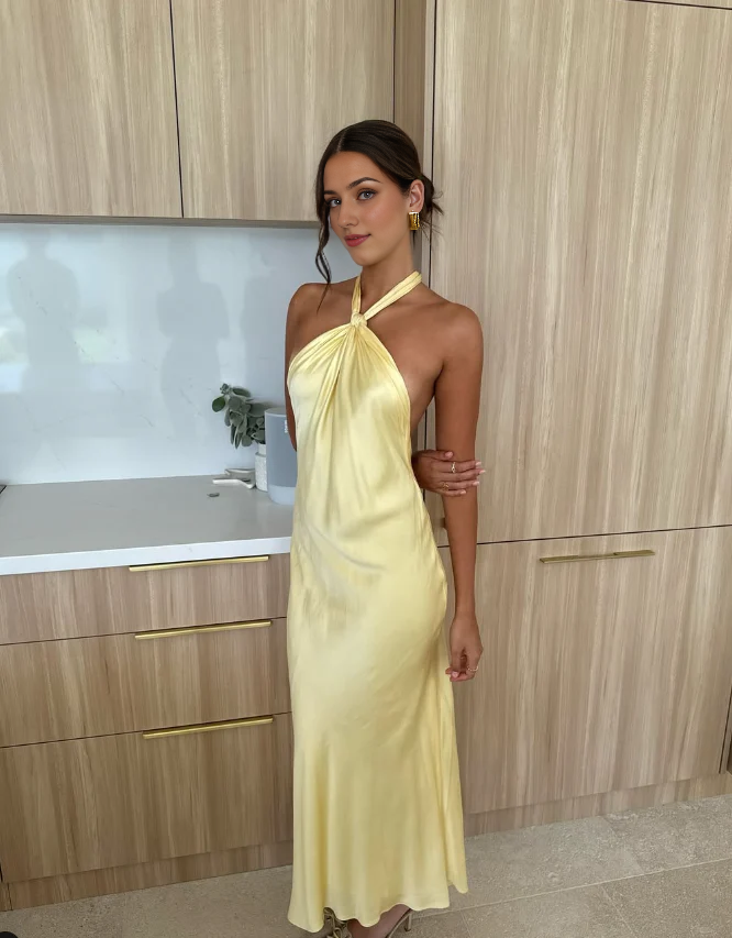 Aimishang Elegant A Line Halter Yellow Satin Open Back Long Prom Dress Simple Evening Party Dress