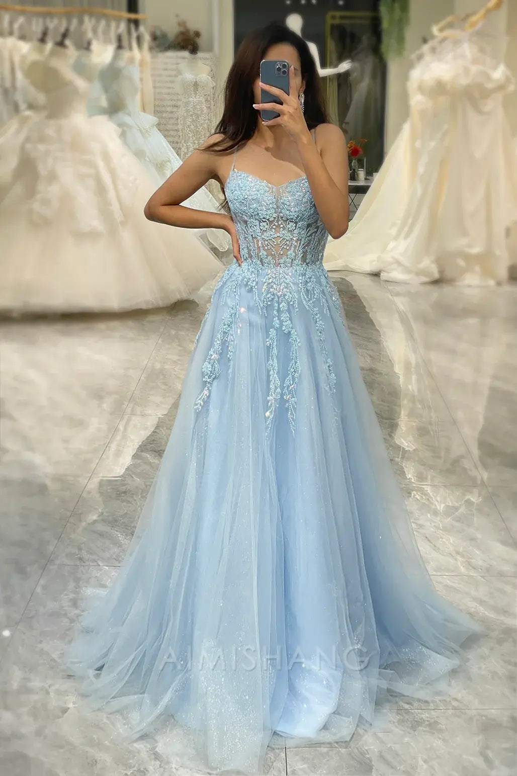 Aimishang A Line Fuchsia Spaghetti Straps Tulle Light Blue Long Prom Dress With Appliques