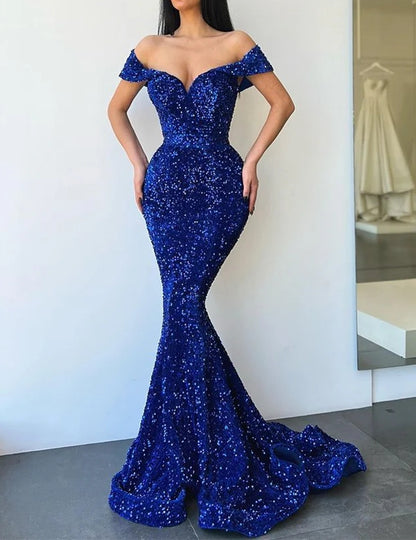 Royal Blue Sweetheart Off The Shoulder Mermaid Evening Dress With Sequins Sparkly Sexy