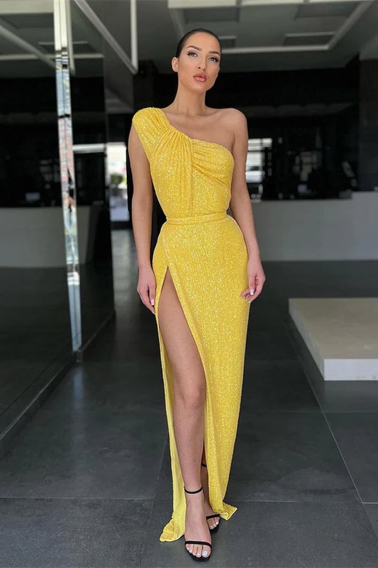 Yellow One Shoulder Mermaid Evening Dress With Sequins And Split Sparkly Party Dress