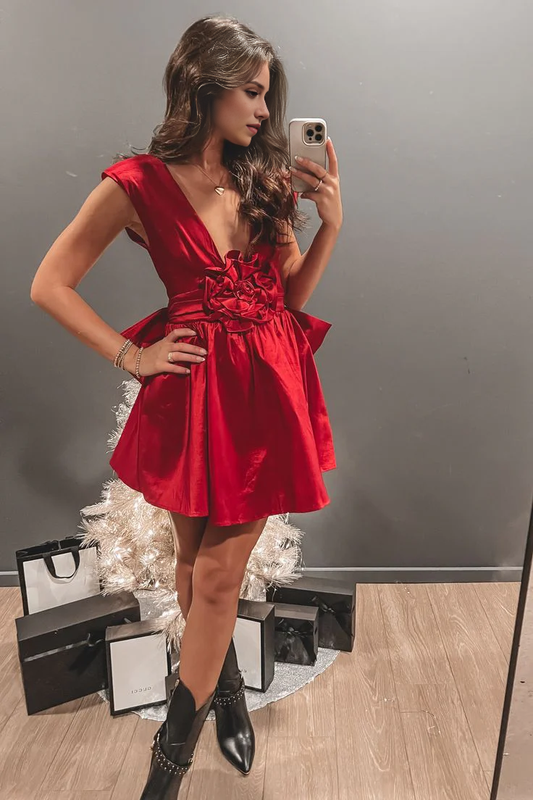 Aimishang Deep V-neck Short Prom Dress Lovely Homecoming Dress With Bow Charming Birthday Party Dress