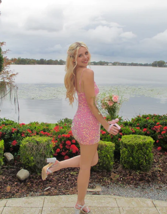 Aimishang Sweetheart Sheath Spaghetti Straps Short Sparkly Prom Dress Cute Homecoming Dress Lovely Birthday Party Dress