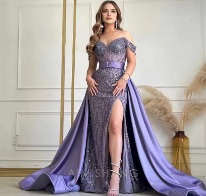 Aimishang Gorgeous Off Shoulder Long Formal Prom Dress With Slit Charming Evening Party Dress