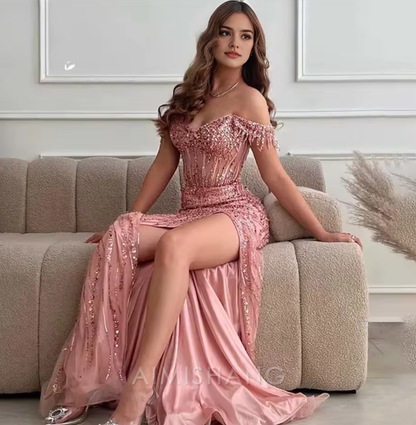 Aimishang Gorgeous Off Shoulder Long Formal Prom Dress With Slit Charming Evening Party Dress