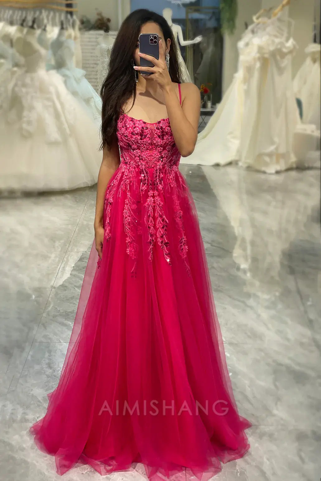 Aimishang A Line Fuchsia Spaghetti Straps Tulle Light Blue Long Prom Dress With Appliques