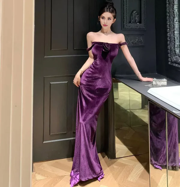 Aimishang Elegant Velvet Sheath Long Prom Dress Off Shoulder Formal Dress Evening Gown Charming Party Dress
