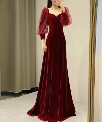 Aimishang Wine Red Velvet Long Sleeves Floor Length Bridesmaid Dress Long Prom Dress Elegant Evening Party Dress