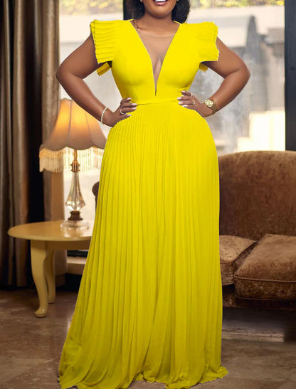 Aimishang A-Line Wedding Guest Dresses Elegant Dress Party Wear Wedding Party Floor Length Sleeveless V Neck Evening Dress with Pleats