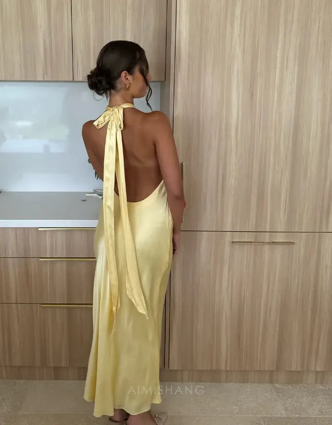 Aimishang Elegant A Line Halter Yellow Satin Open Back Long Prom Dress Simple Evening Party Dress