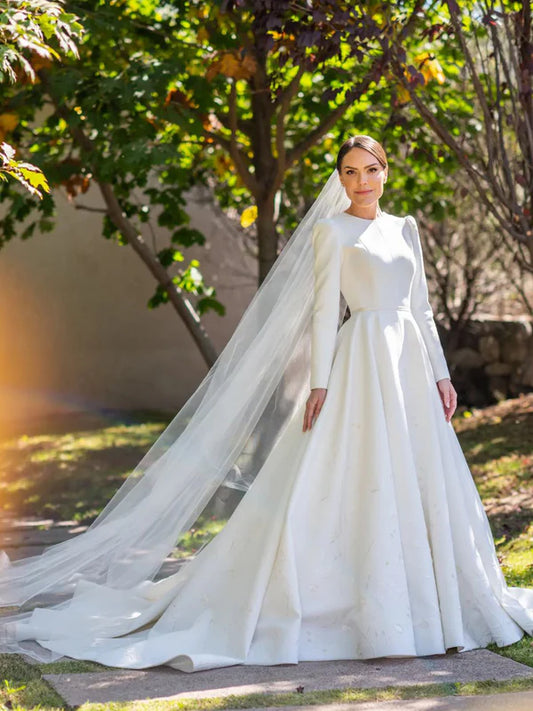 Embroidery A Line Satin Modest Long Sleeves Simple Wedding Dresses Elegant Wholesale