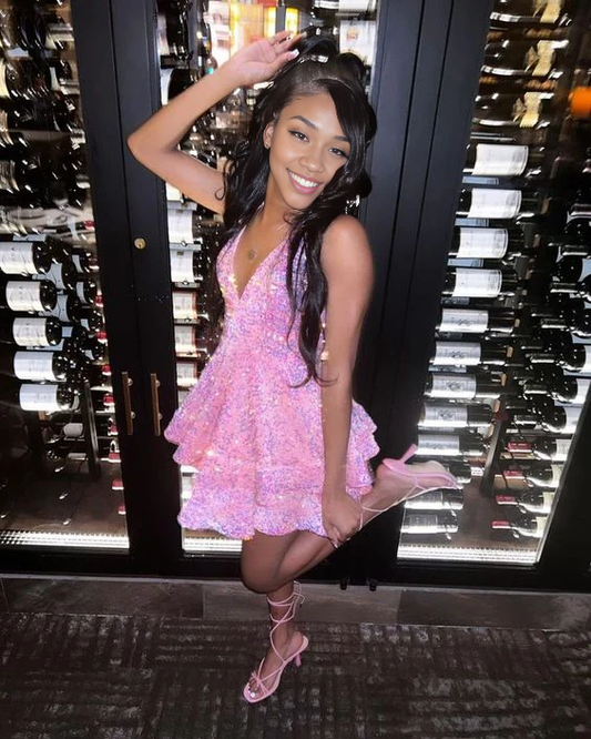 Aimishang A-line V-neck Sequin Short Prom Dress Black Girl Sparkly Homecoming Dress Charming Party Dress