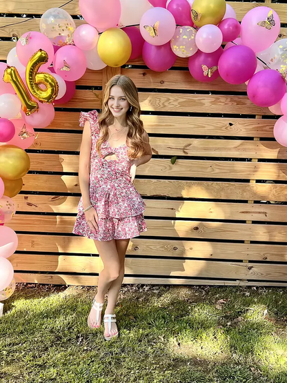 Aimishang Cute Floral Print Dress Homecoming Dress One Shoulder Party Dress Summer Graduation Dress Mini Dress