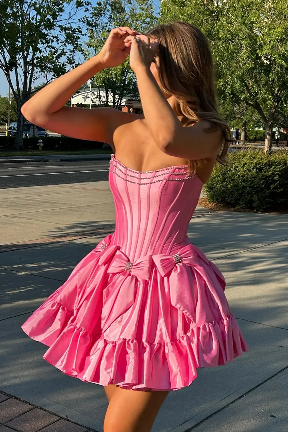 Aimishang Sweet A-line Strapless Short Party Dress with Bow Charming Homecoming Dress Graduation Dress