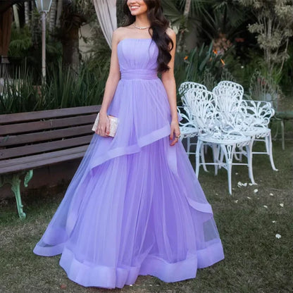 Aimishang Dress Wholesale Lavender Tulle Long Dresses Wedding Party Ruffles Strapless Prom Dresses Formal Occasion Dress