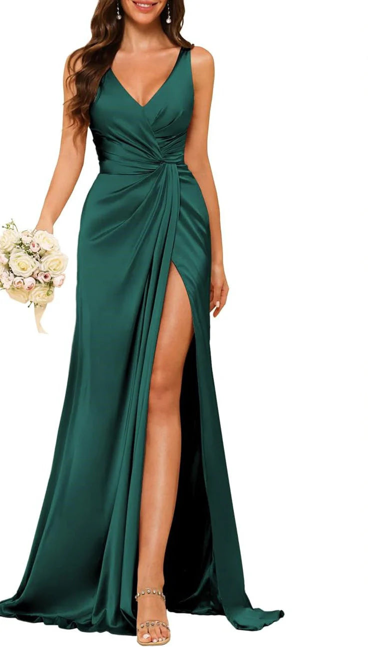 Wholesale Sheath/Column V Neck Bridesmaid Dress With Slit Elegant Evening Party Dress