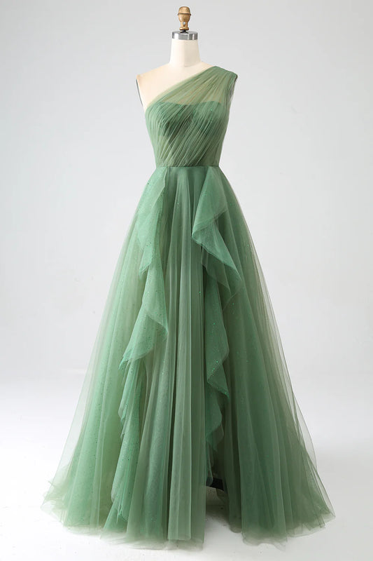 Aimishang Long Prom Dress A-Line One-Shoulder Tulle Dark Green Elegant Evening Party Dress