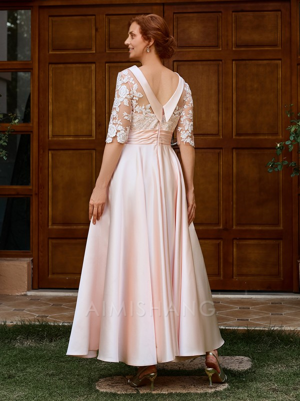 Aimishang Elegant A-line Appliques Lace Ankle-Length Satin Mother of the Bride Dress 1/2 Sleeves Charming Evening Dress