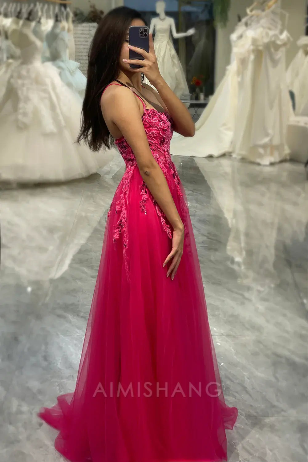 Aimishang A Line Fuchsia Spaghetti Straps Tulle Light Blue Long Prom Dress With Appliques