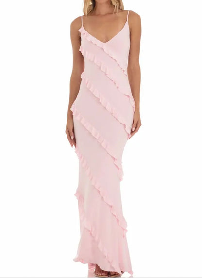 Aimishang Pink V Neck Straps Sheath Long Prom Dress Birthday Outfits Party Dress Wholesale