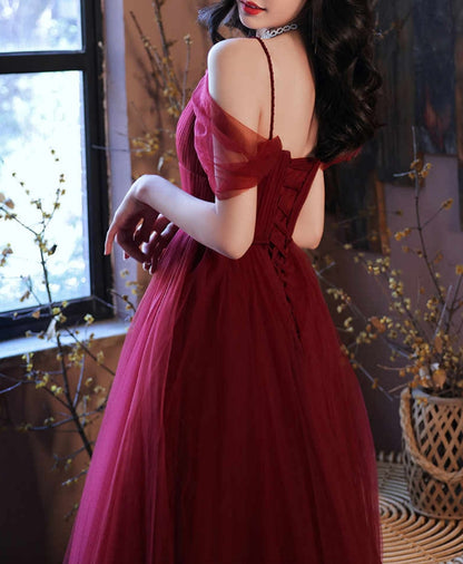 Aimishang Straps A-line Burgundy Tulle Long Evening Dress Elegant Prom Dress