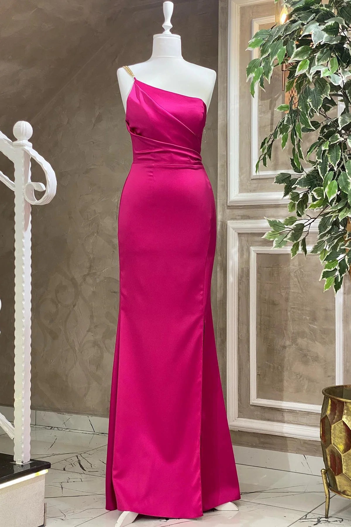 Fuchsia One Shoulder Floor Length Mermaid Evening Dress With Pleats Party Dress Formal Dress