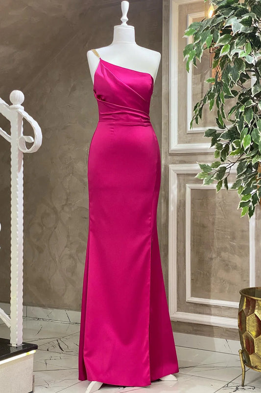 Fuchsia One Shoulder Floor Length Mermaid Evening Dress With Pleats Party Dress Formal Dress