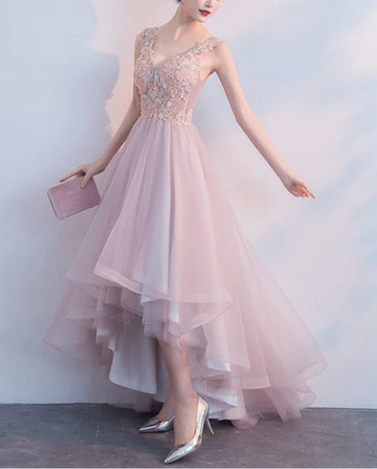 Pink V-neckline High Low Formal Dress Lace Applique Homecoming Dress Party Dress Elegant Evening Dress Wholesale