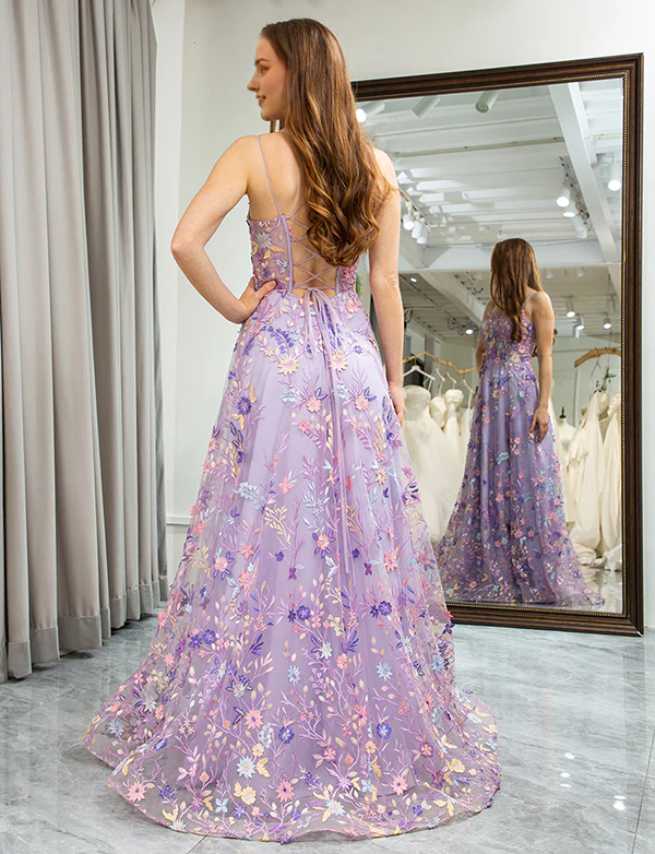 Aimishang Elegant A-Line Spaghetti Straps Long Prom Dress with Appliques Blue Flower Charming Evening Party Dress